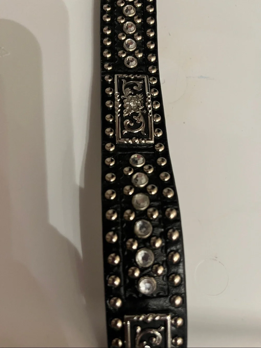 Studded Black Western Leather Belt with Ornate Silver Buckle Size 22
